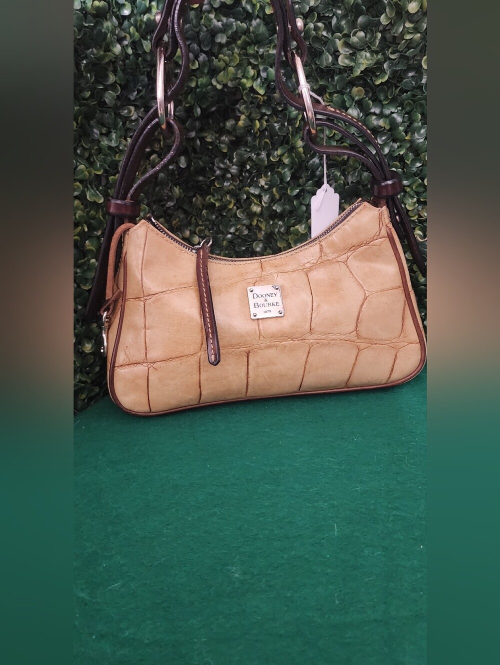 Dooney & Bourke Tan Croc-Embossed Shoulder Bag with Dark Brown Trim